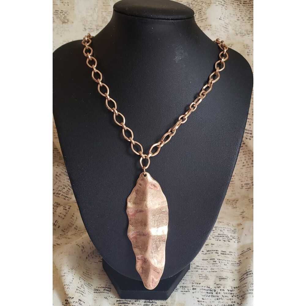 Gold Tone Large Link Chain with Long Gold Leaf Necklace - Whimsy, Boho, Unique